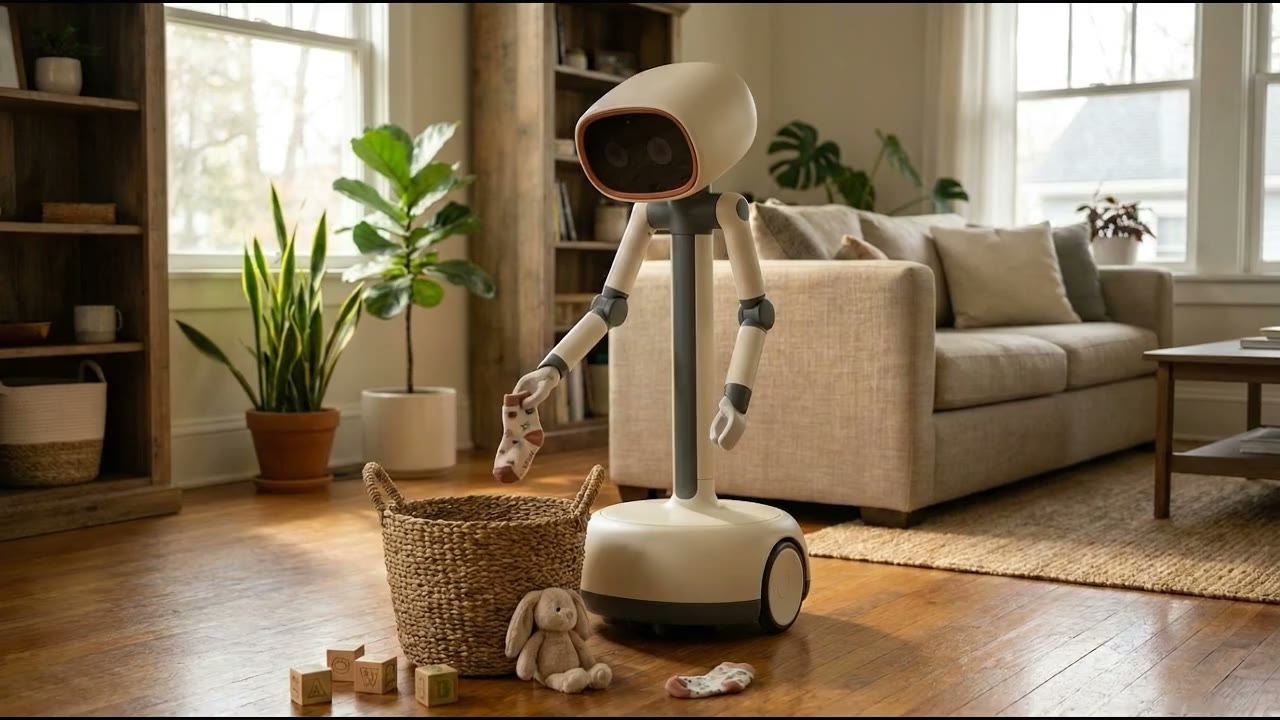 You leave for the day. Anew tidies the living room, then asks the vacuum to run.